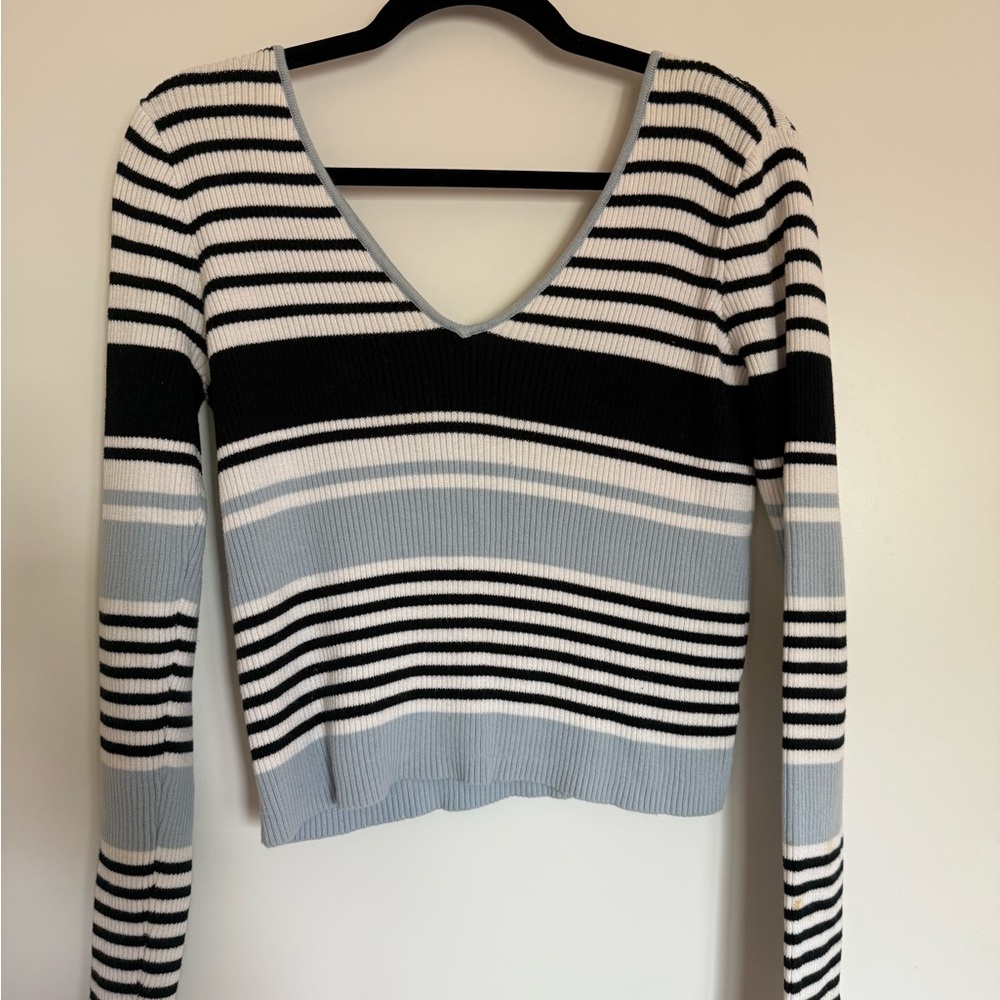 La Hearts Black and White Striped V-Neck Sweater